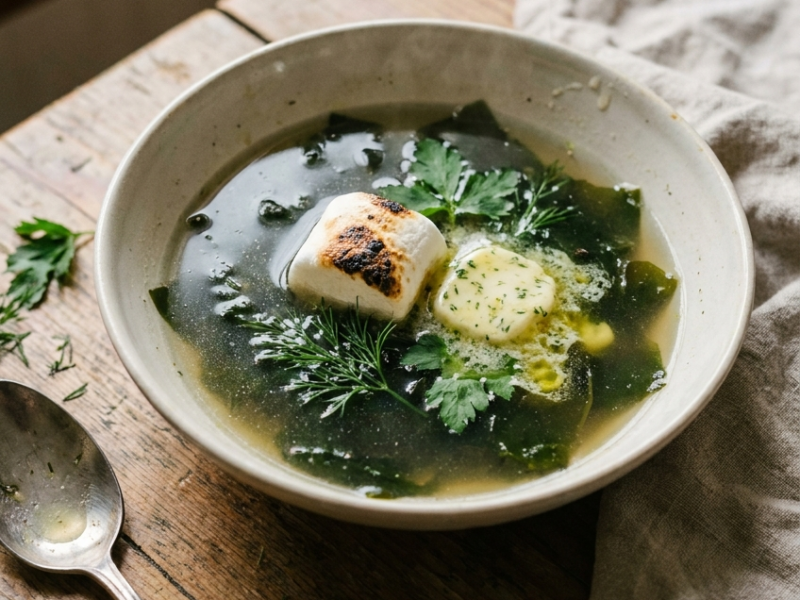 Wakamé Bouillon met Marshmallow en Kruidenboter