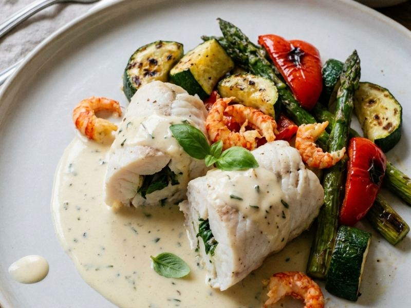 Witvisrolletjes met Rivierkreeft en Gegrilde Groenten in Wijnsaus