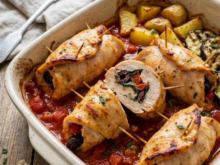 Involtini van Kip met Olijven, Basilicum en Tomaat