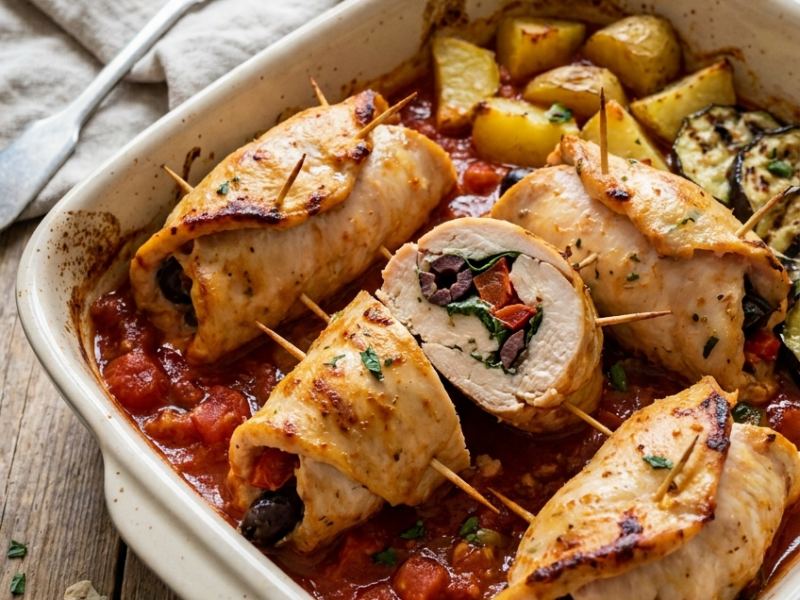 Involtini van Kip met Olijven, Basilicum en Tomaat