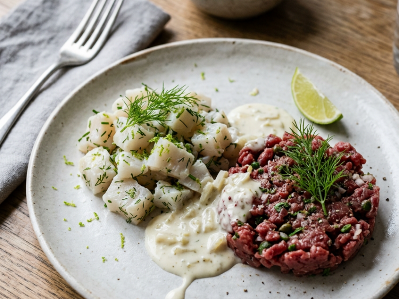 Tartaar van Heilbot en Ossenhaas met Venkelroomsaus