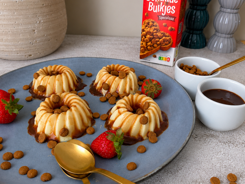 Vanilleflannetjes met chocoladesaus en schuddebuikjes