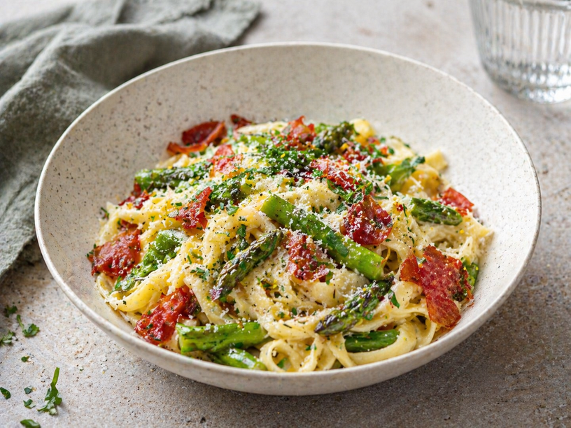 Pasta met groene asperges, prosciutto & dragon