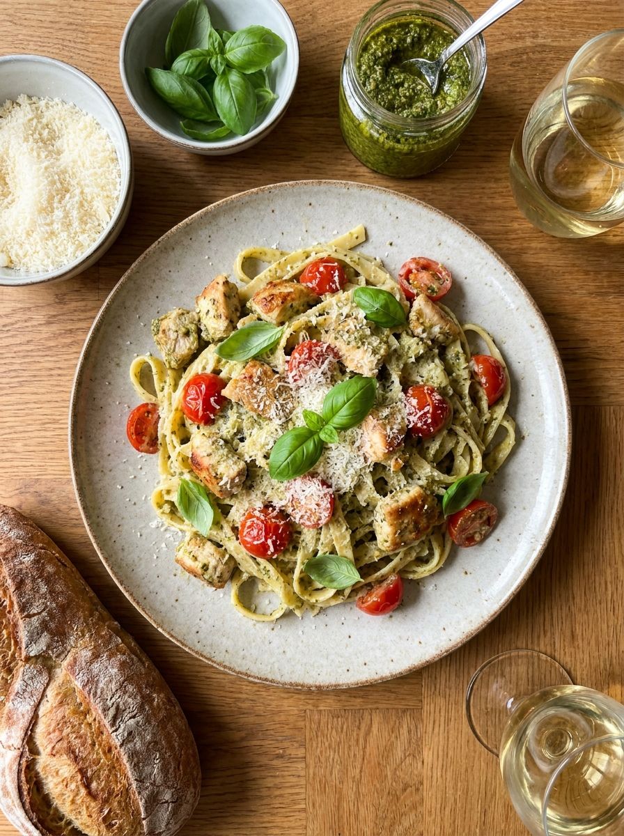 Romige kip-pesto pasta