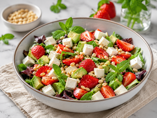Zomerse salade met avocado, aardbeien en feta