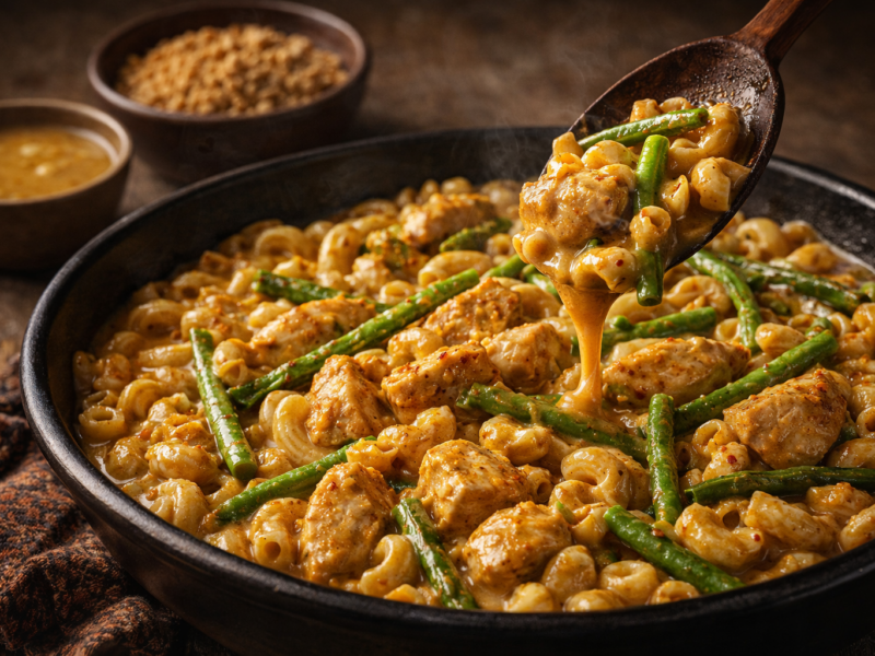 Saté-Macaroni met Kip en Sperziebonen