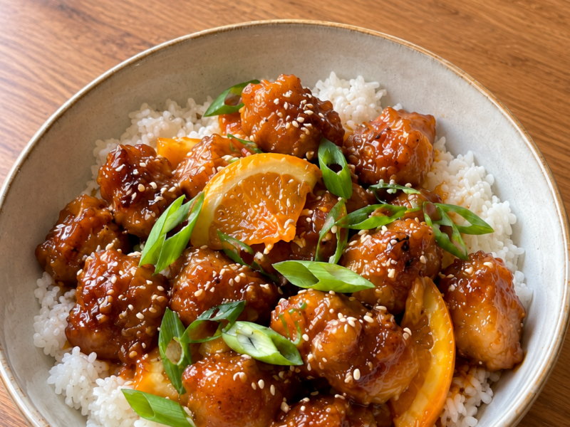 Sticky honing-kip met sinaasappel en sesam