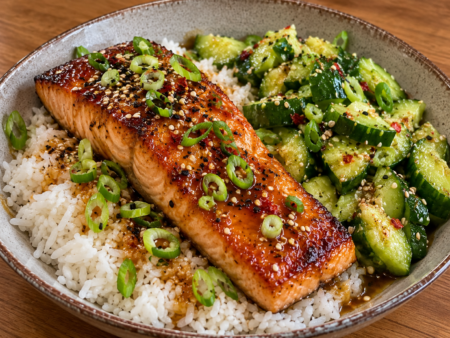 Crispy zalm met miso-boter en smashed komkommer