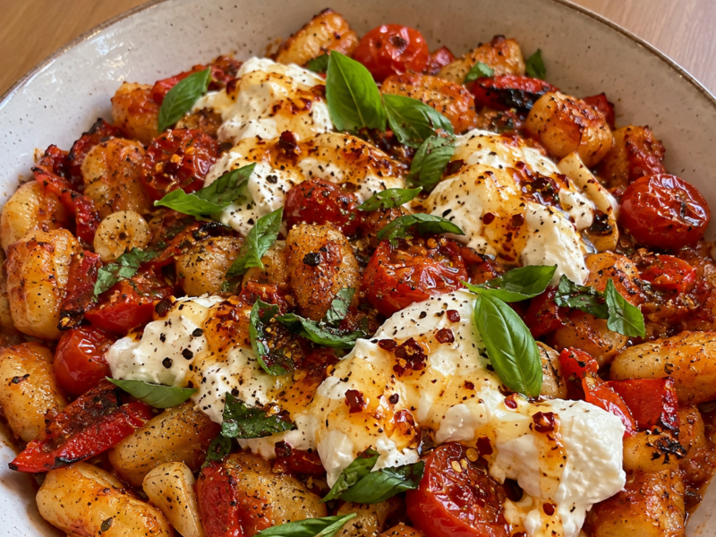 Gnocchi uit de oven met tomaat, burrata en chili-honing