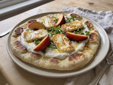 Flatbread met nectarine en halloumi