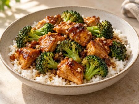 Kip met honing-knoflooksaus en broccoli