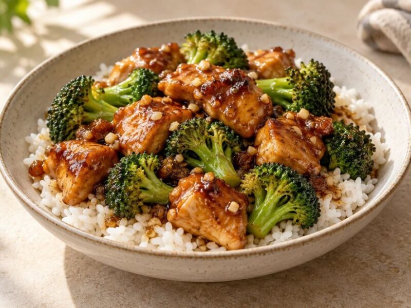Kip met honing-knoflooksaus en broccoli