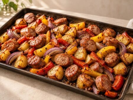 Plaatgerecht met worst, aardappelen en paprika