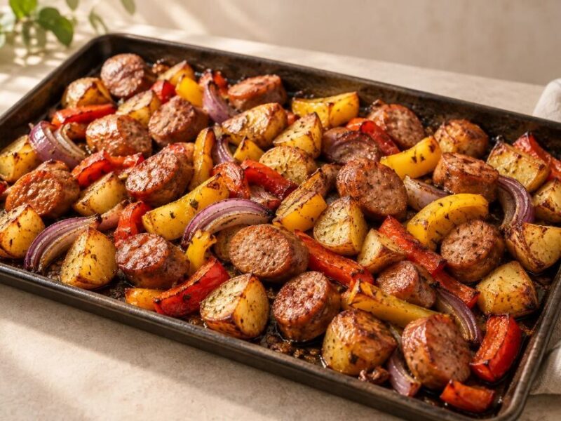 Plaatgerecht met worst, aardappelen en paprika