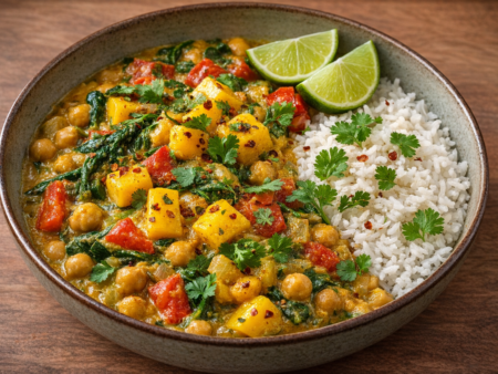 Kokos-curry met mango, kikkererwten en limoen